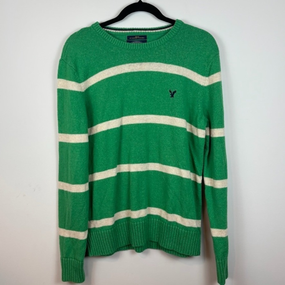 American Eagle Green Striped Wool Blend Pullover Sweater Womens Med Athletic Fit